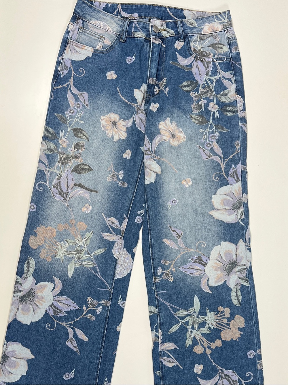 Floral Print Wide-Leg Jeans - Blue